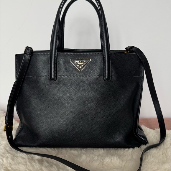 Prada Handbags - Prada Black Saffiano Satchel with Gold Logo